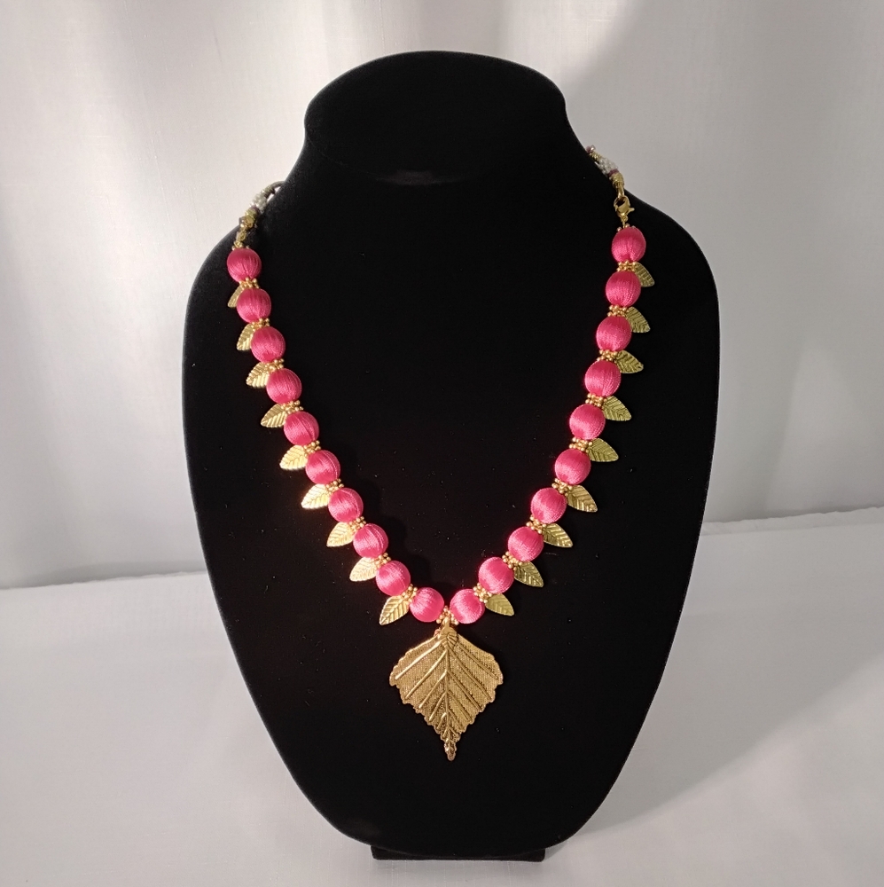 Gold and Pink Leaf Necklace From India, With Sliding Bead Adjustable Length